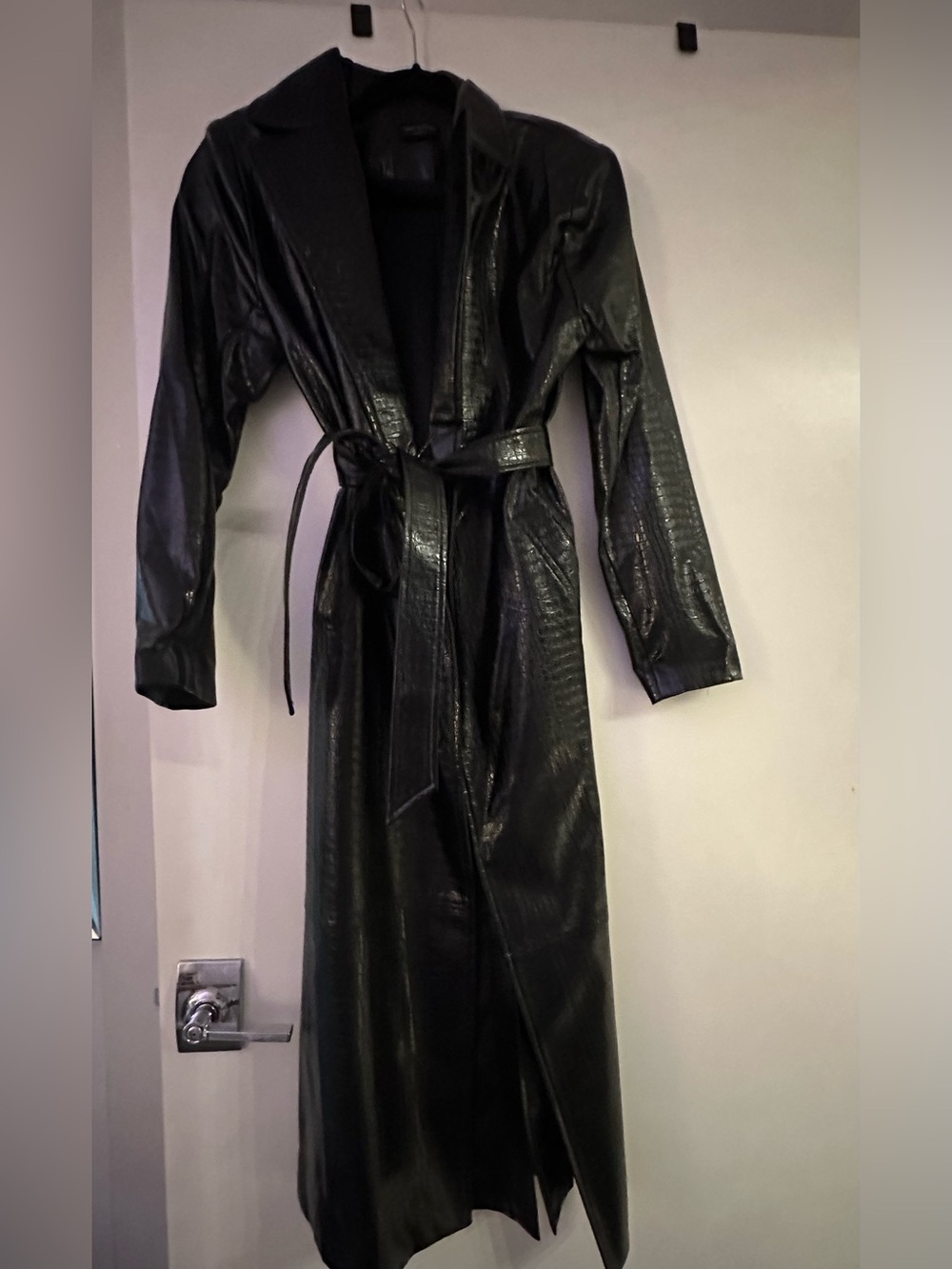 naked wardrobe Black Croc Vegan Leather Belted Trench Coat size small - LIKE NEW